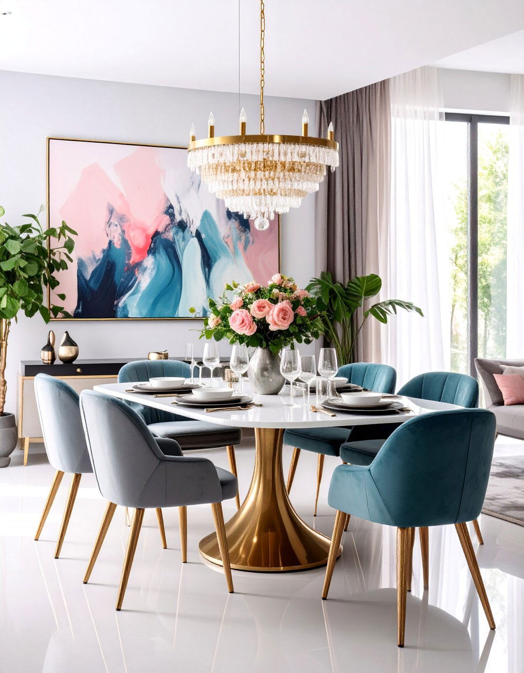 Contemporary Dining Room with Statement Chandelier - 25 Neutral Dining Room Ideas