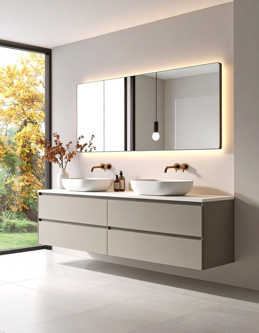 Contemporary Dove Grey Floating Vanity with Integrated Lighting - 25 Grey Bathroom Vanity Design Ideas
