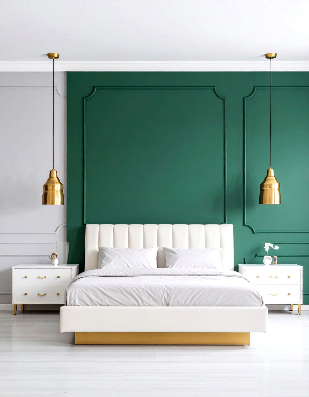 Contemporary Emerald Green Feature Wall with Gold Lighting - 25 Emerald Green and Gold Bedroom Ideas