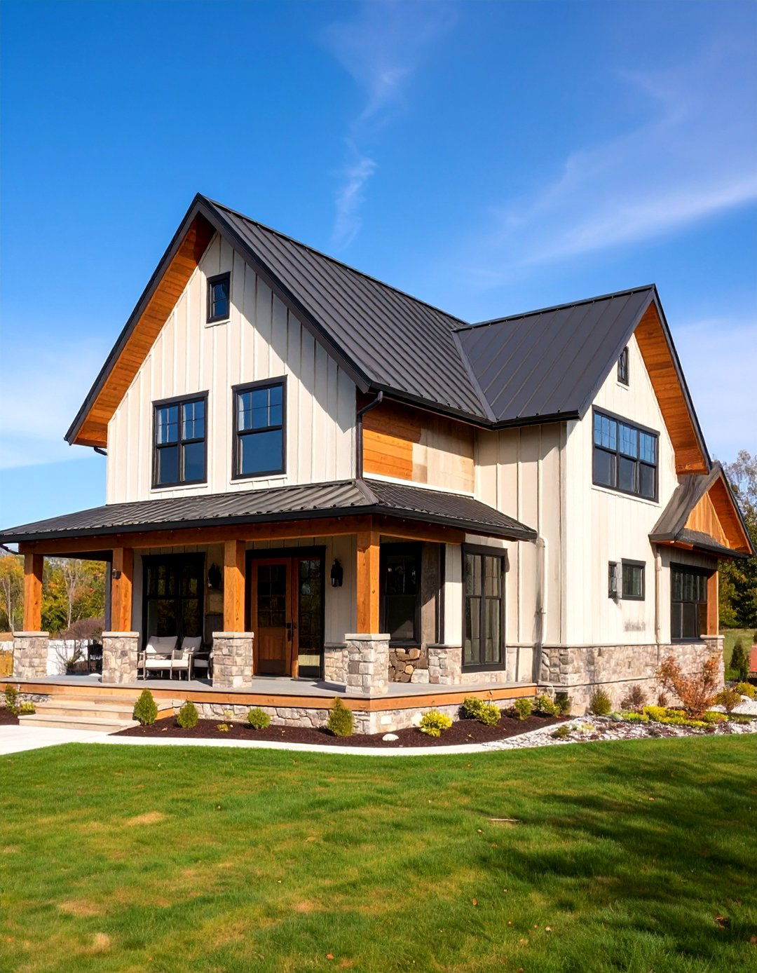 Contemporary Farmhouse Cream Metal Siding with Brown Wood Accents - 25 Cream and Brown House Exterior Ideas