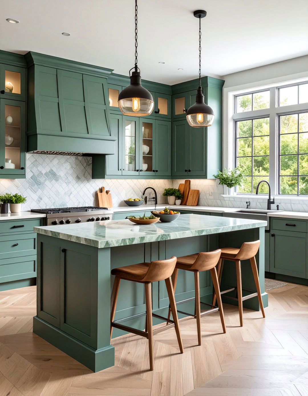 Contemporary Farmhouse Kitchen with Green Quartz Waterfall Countertops - 25 Kitchen With Green Countertops Ideas
