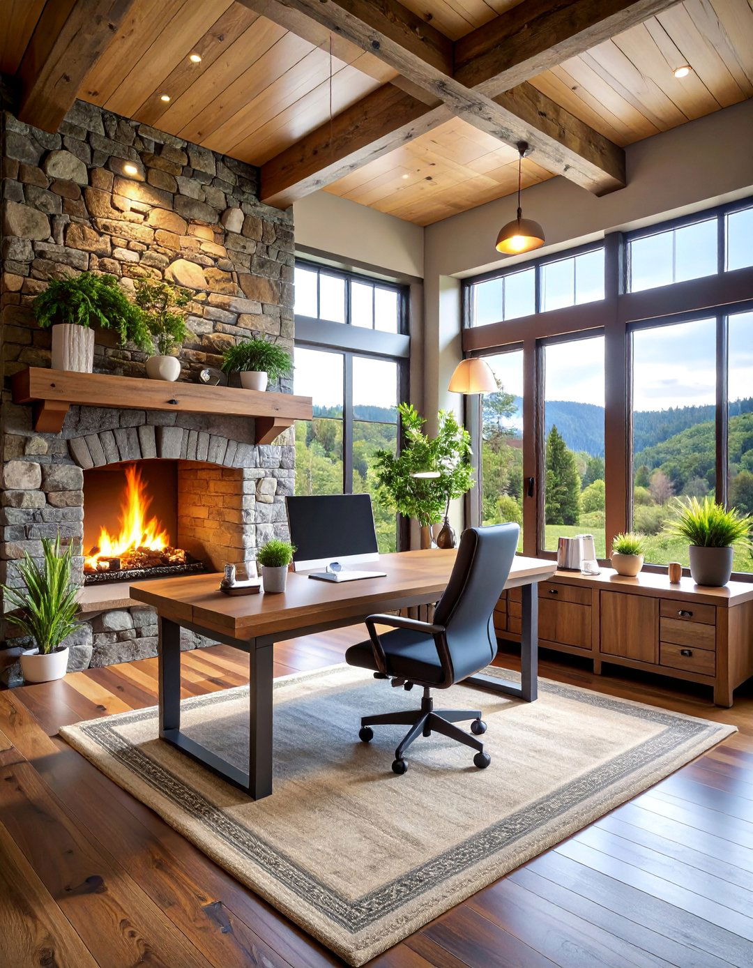 Contemporary Farmhouse Office with Mixed Material Fireplace - 25 Home Office With Fireplace Ideas