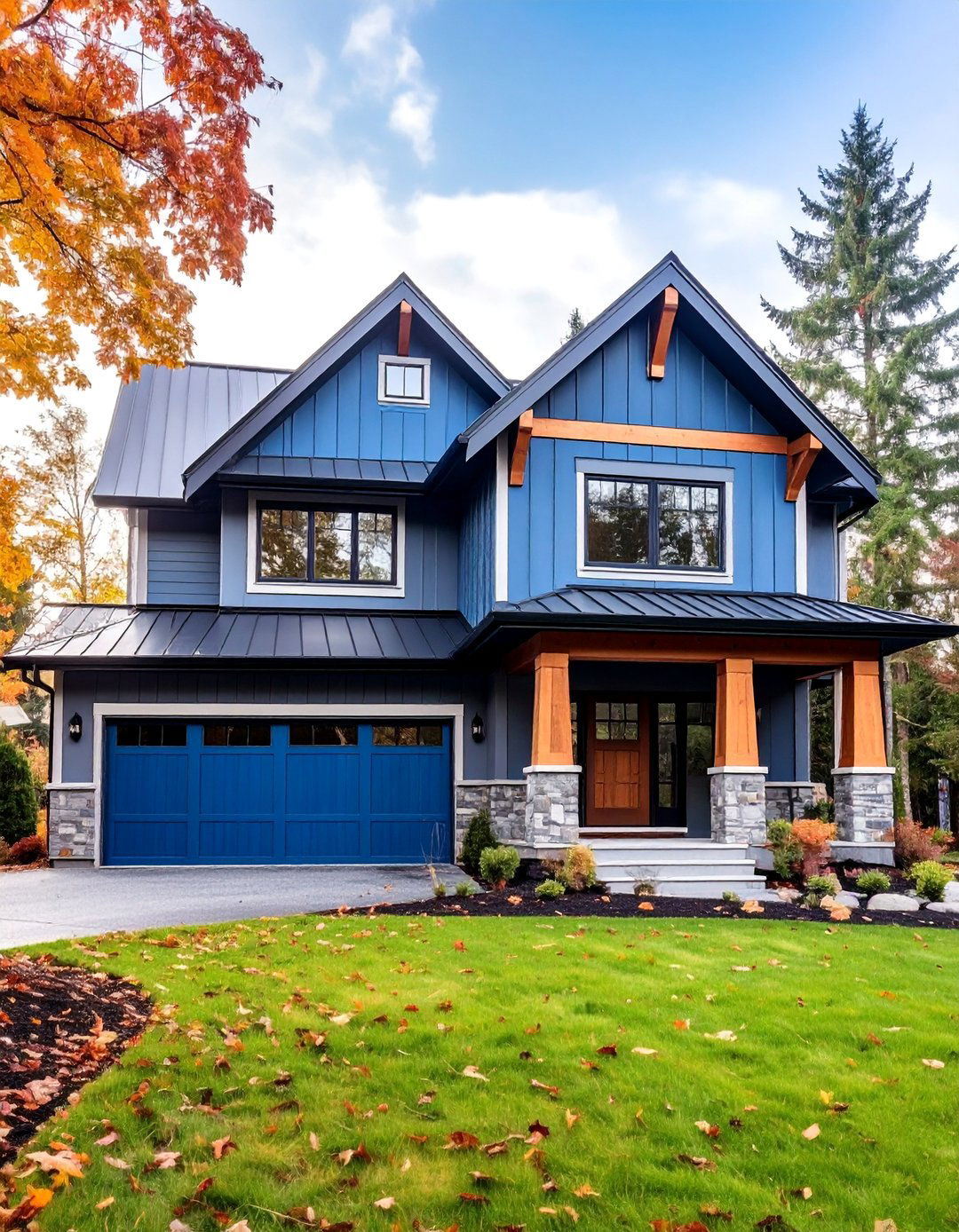 Contemporary Farmhouse with Steel Blue Garage Door - 25 Grey House With Blue Door Ideas