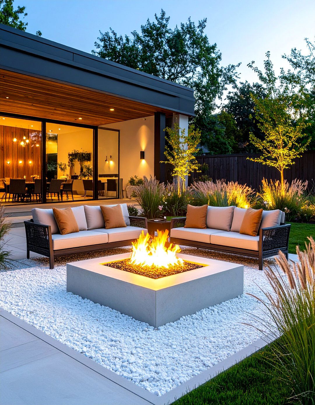 Contemporary Fire Feature White Stone Entertainment Area - 25 White Rock Landscaping Ideas