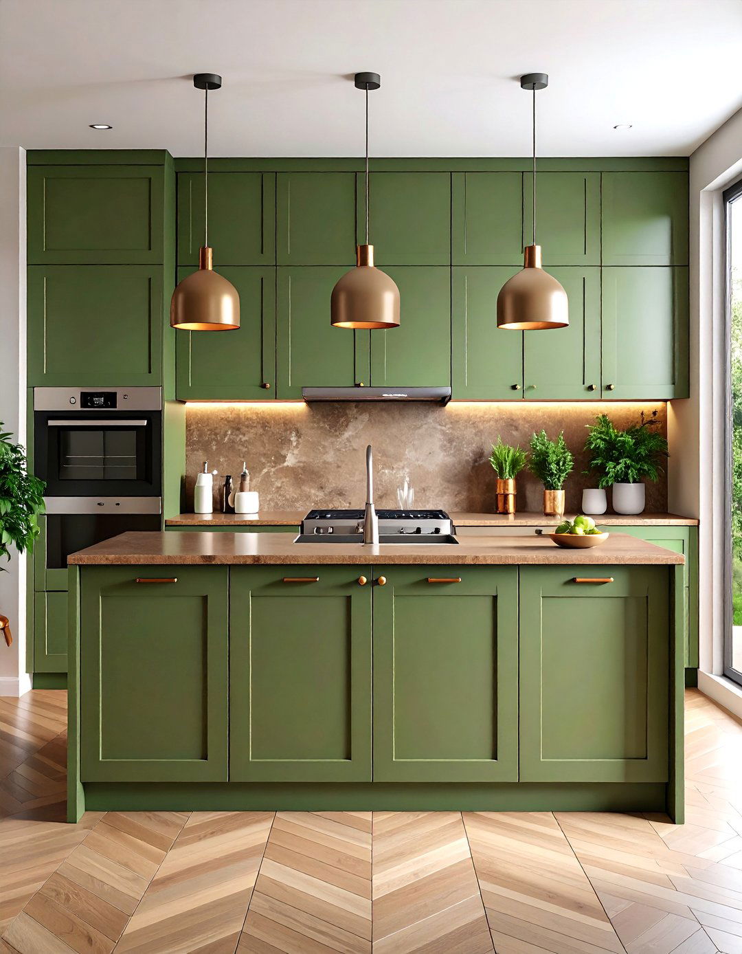 Contemporary Flat Panel Green Cabinets with Brown Quartz Countertops - 25 Green and Brown Kitchen Ideas