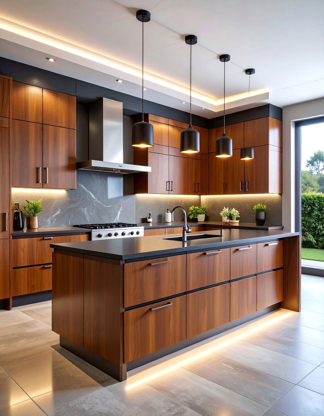 Contemporary Flat Panel Kitchen with Tobacco Brown Finish - 25 kitchen with brown cabinets and black countertops ideas