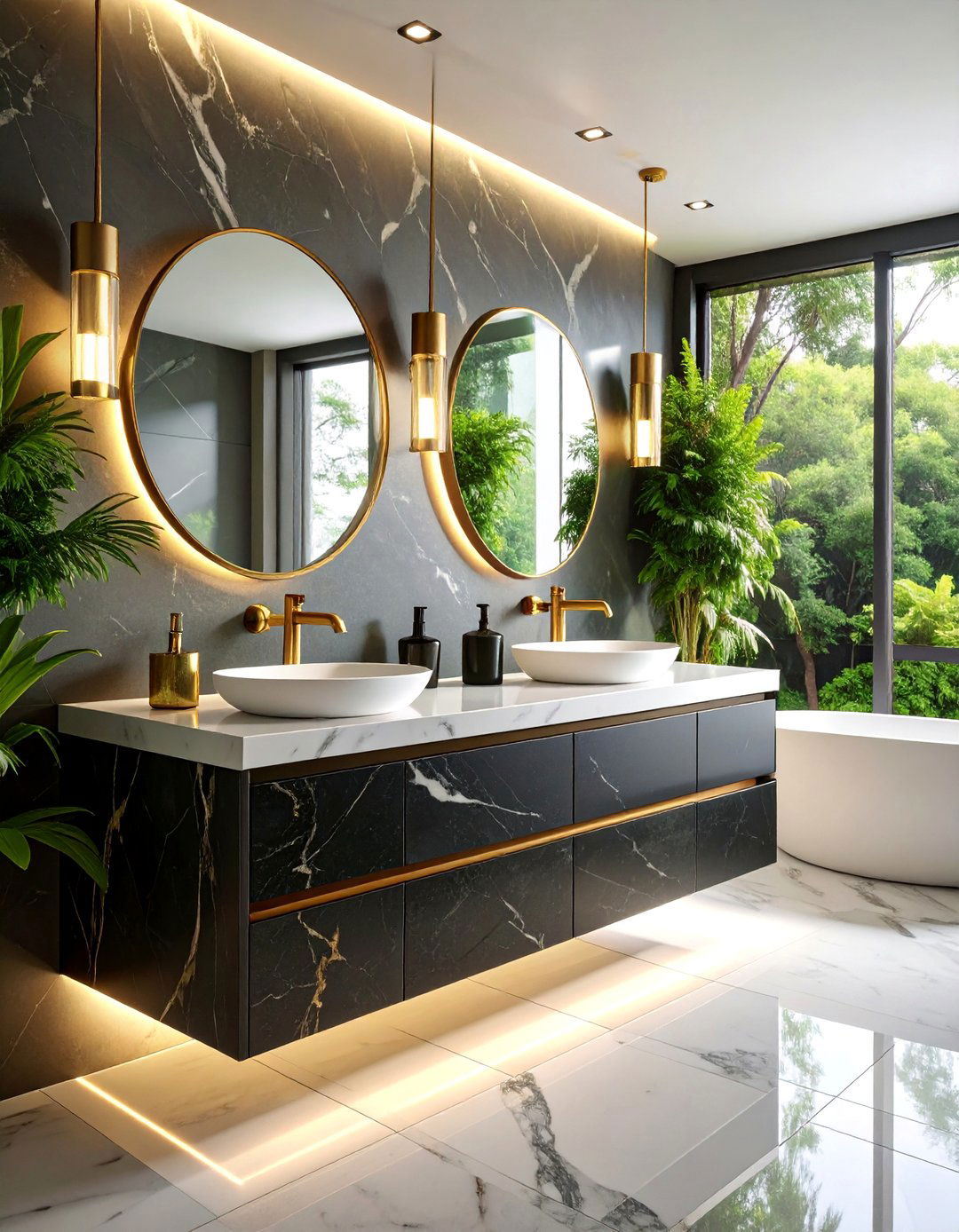 Contemporary Floating Black Marble Vanity with Gold Accents - 25 Black Marble Bathrooms