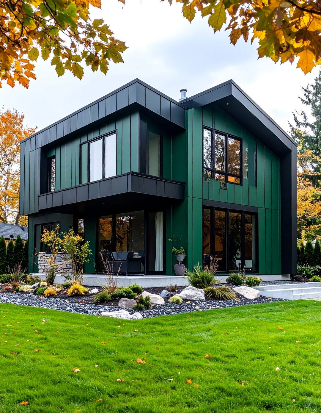 Contemporary Forest Green Cube House with Black Window Grid System - 25 Forest Green House With Black Trim