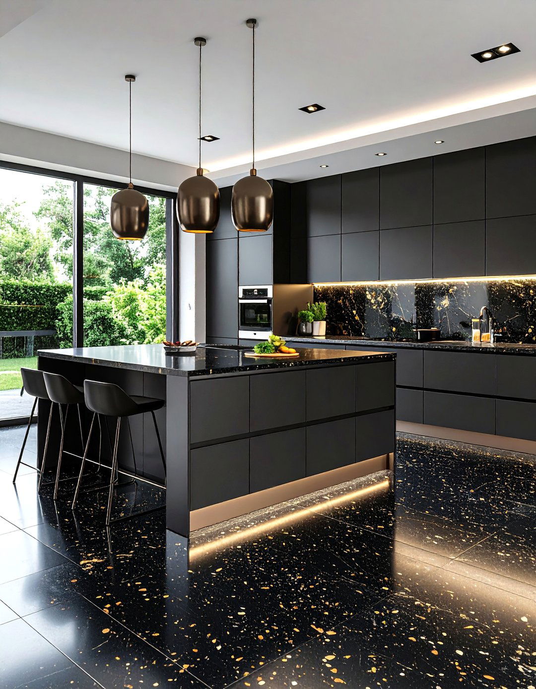 Contemporary Fusion with Black Terrazzo and Steel - 25 Black Floor Kitchen Ideas