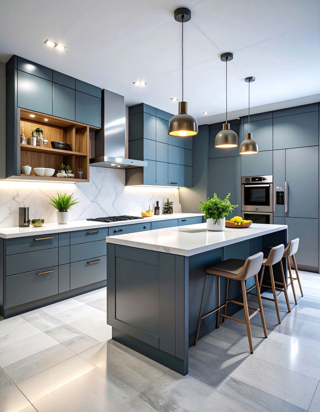 Contemporary Galley Kitchen with High Gloss Grey Cabinets - 25 Grey and White Kitchen Designs