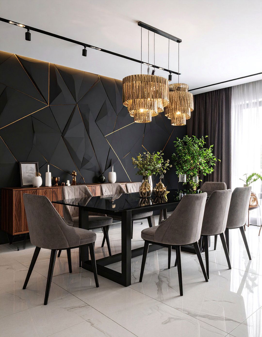 Contemporary Geometric Black Pattern Wall - 25 Black Accent Wall Dining Room Ideas