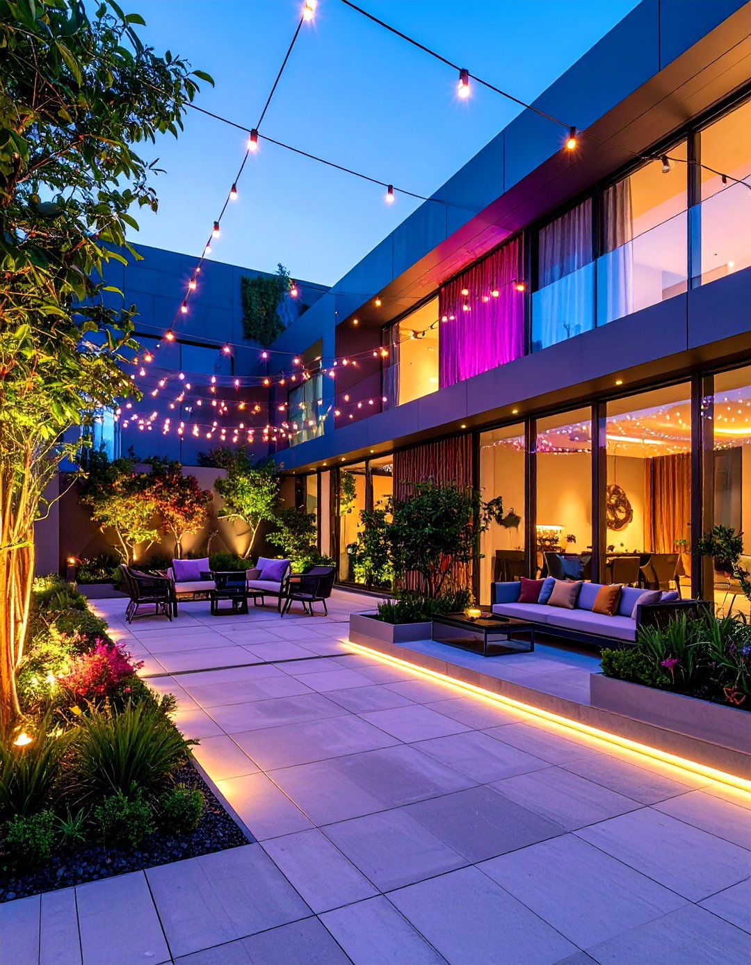 Contemporary Geometric Patio with Linear LED String Lights - 25 Patio String Light Ideas