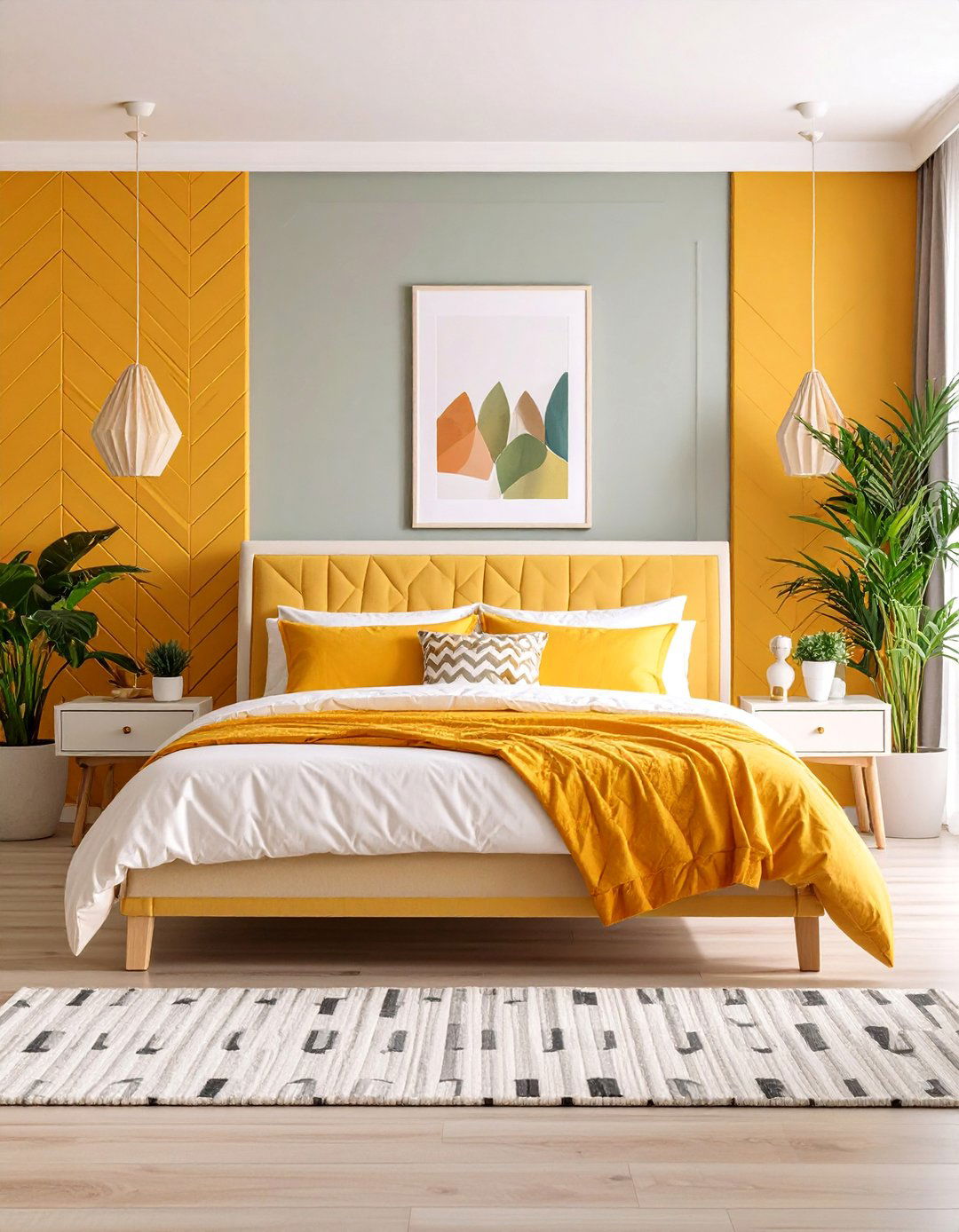 Contemporary Geometric Yellow and Grey Bedroom - 25 Yellow and Grey Bedroom Ideas