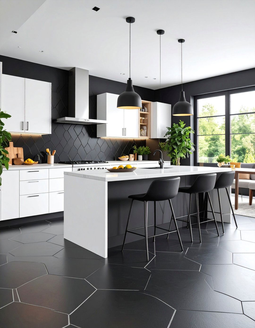 Contemporary Geometric with Black Hexagonal Tiles - 25 Black Floor Kitchen Ideas
