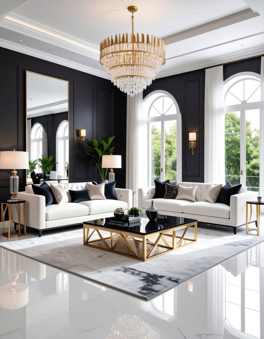 Contemporary Glam Grey and White Living Room with Metallic Details - 25 Grey and White Living Room Ideas