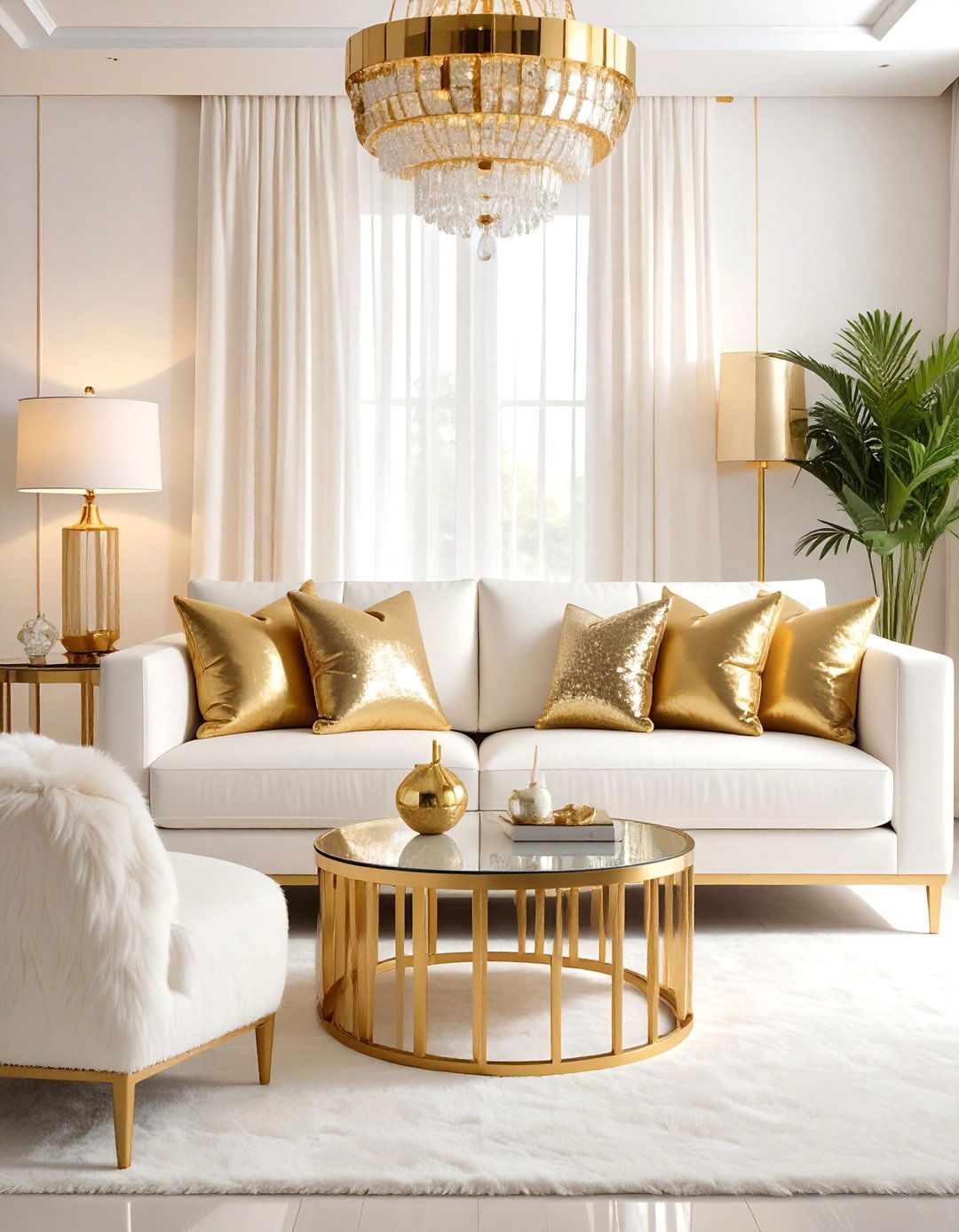 Contemporary Glam White and Gold Living Room - 25 White and Gold Living Room Ideas