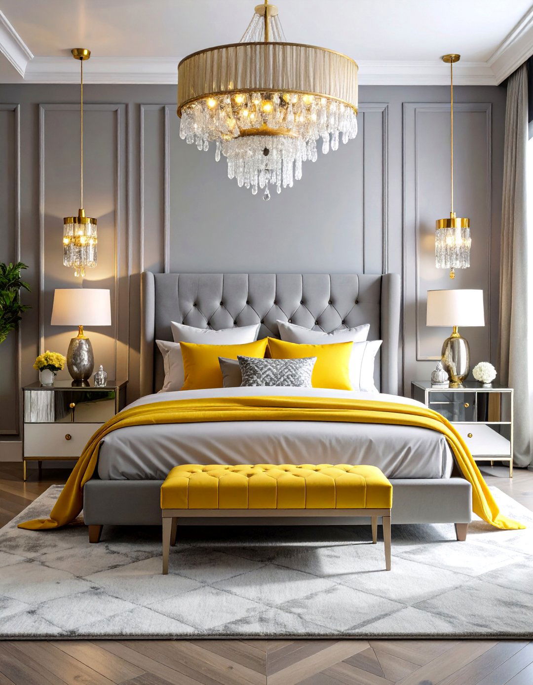 Contemporary Glam Yellow and Grey Bedroom - 25 Yellow and Grey Bedroom Ideas