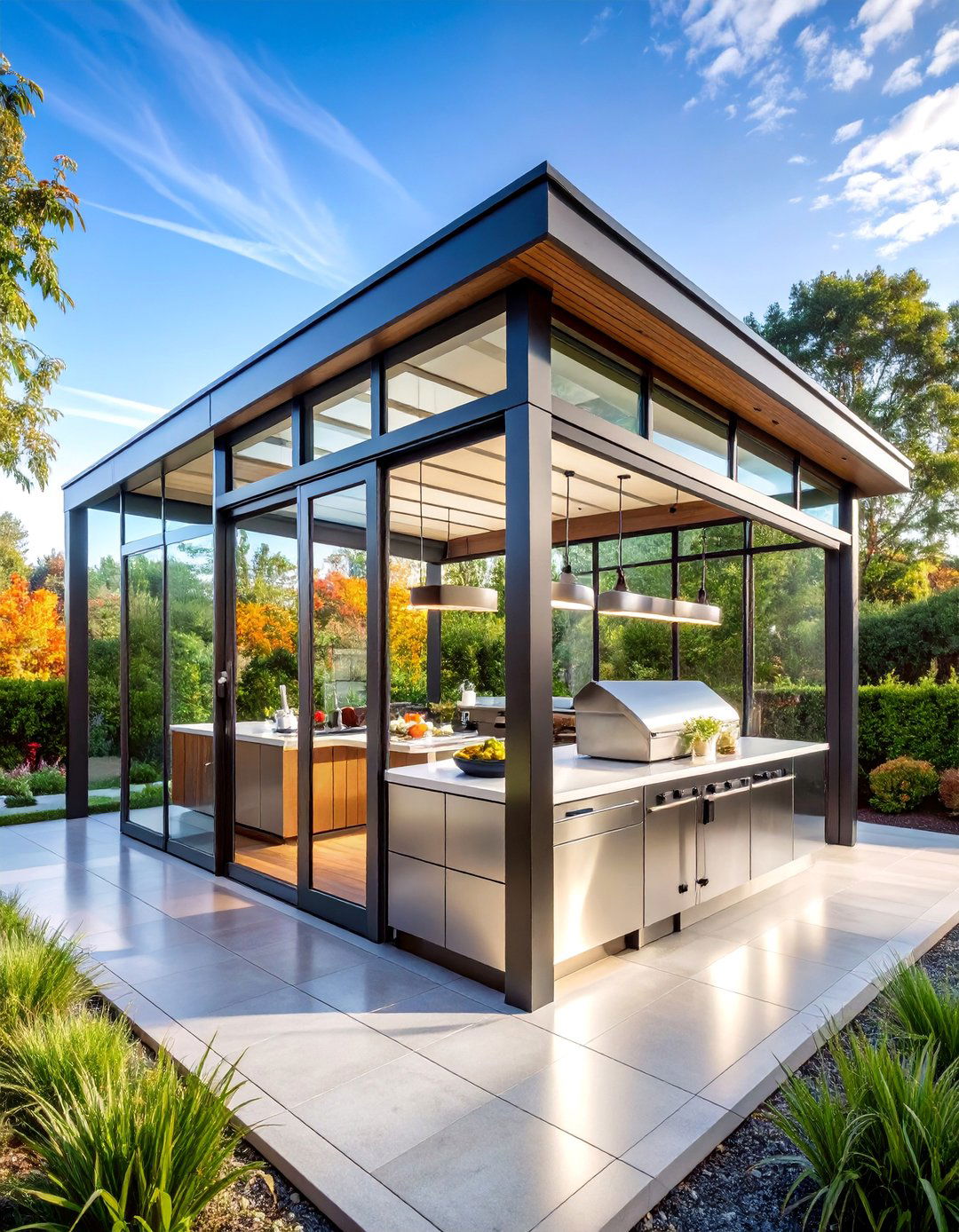 Contemporary Glass Enclosed Cooking Pavilion - 25 Outdoor Kitchen with a Gazebo Ideas