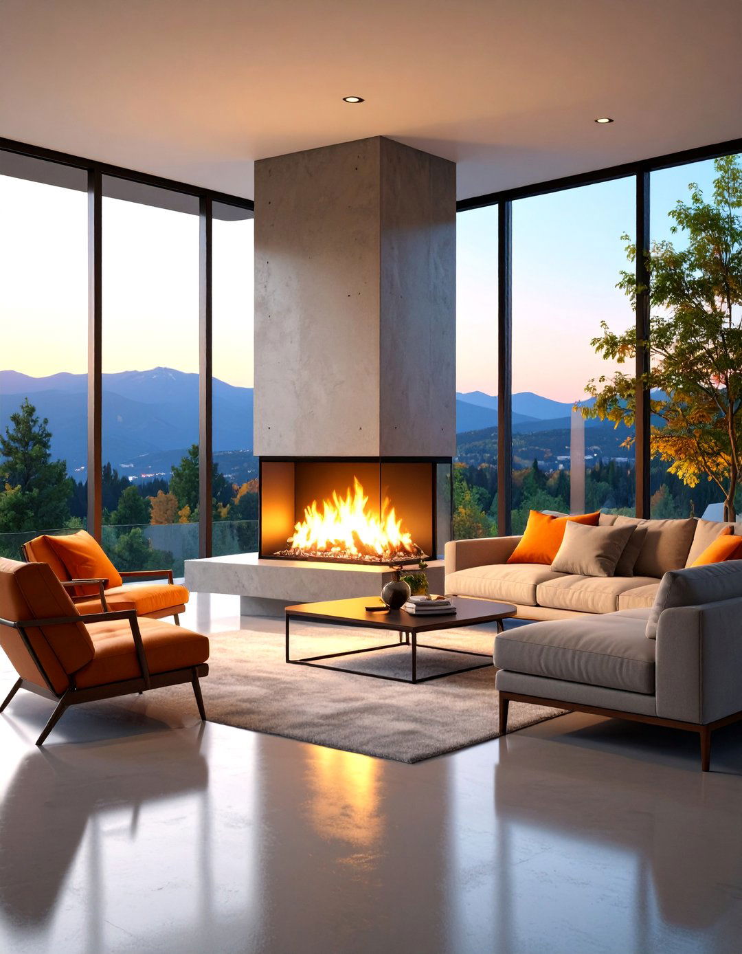 Contemporary Glass Fireplace with Curtain Wall Windows - 25 Fireplace Between Windows Ideas