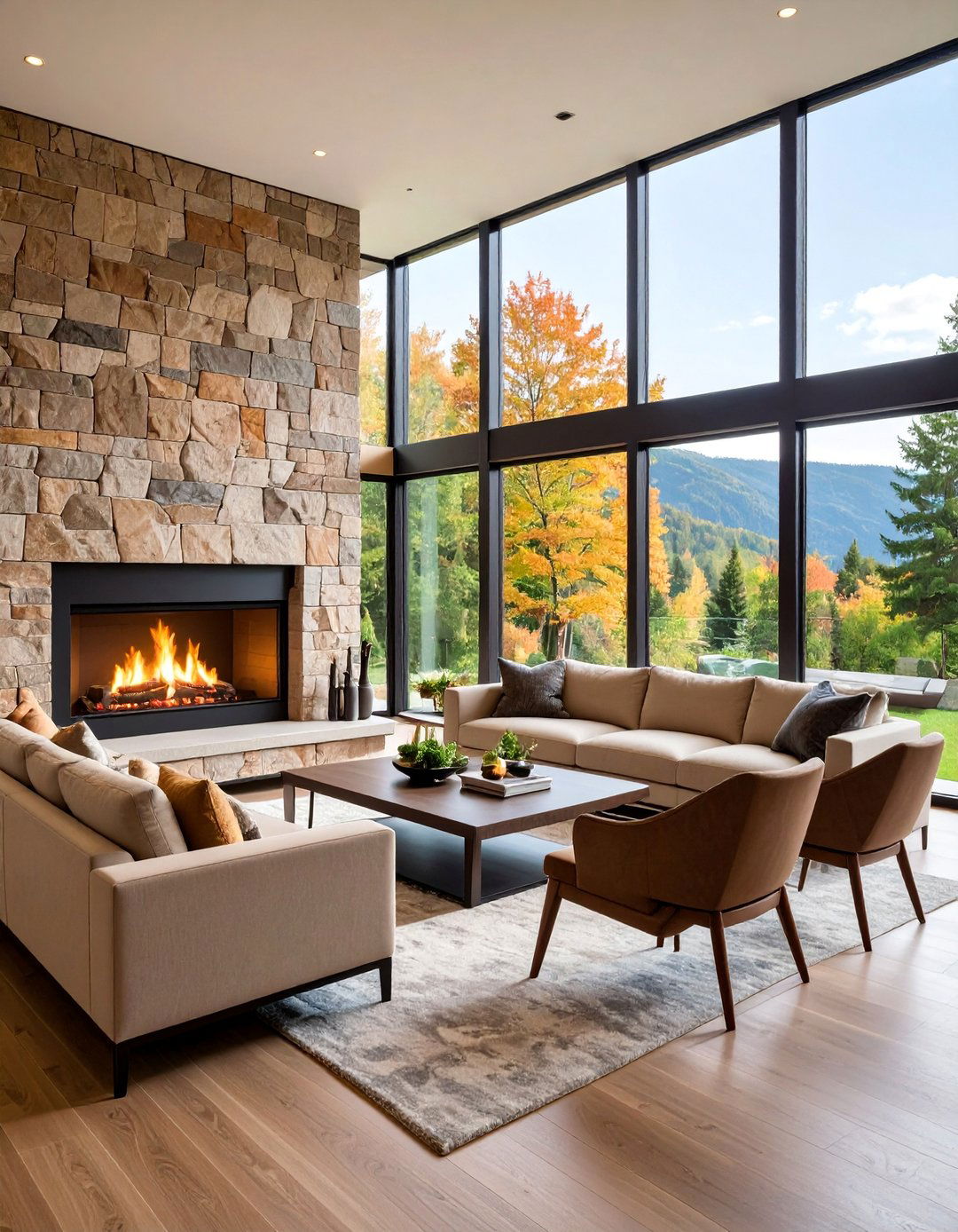 Contemporary Glass Front Faux Stone Fireplace Dividing Living and Dining - 25 Faux Stone Fireplace Ideas