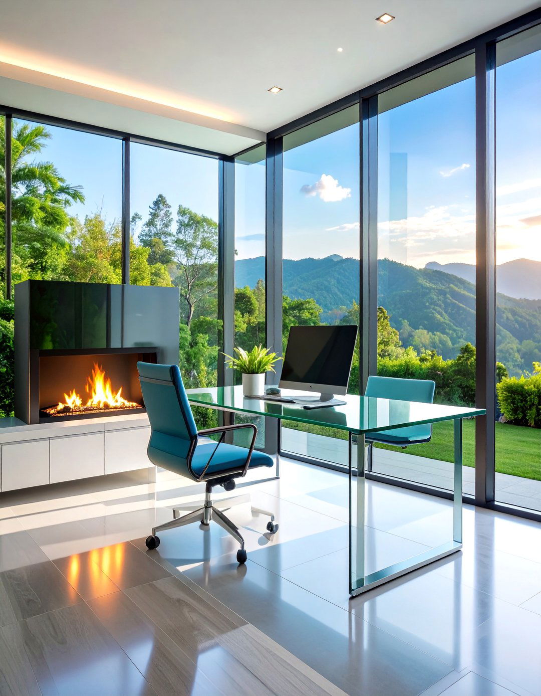Contemporary Glass Office with See Through Fireplace - 25 Home Office With Fireplace Ideas