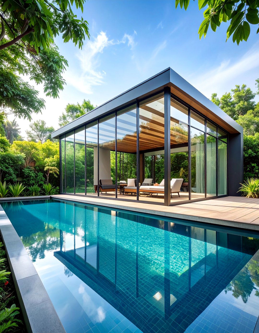 Contemporary Glass Pavilion with Floating Design - 25 Pool House Ideas