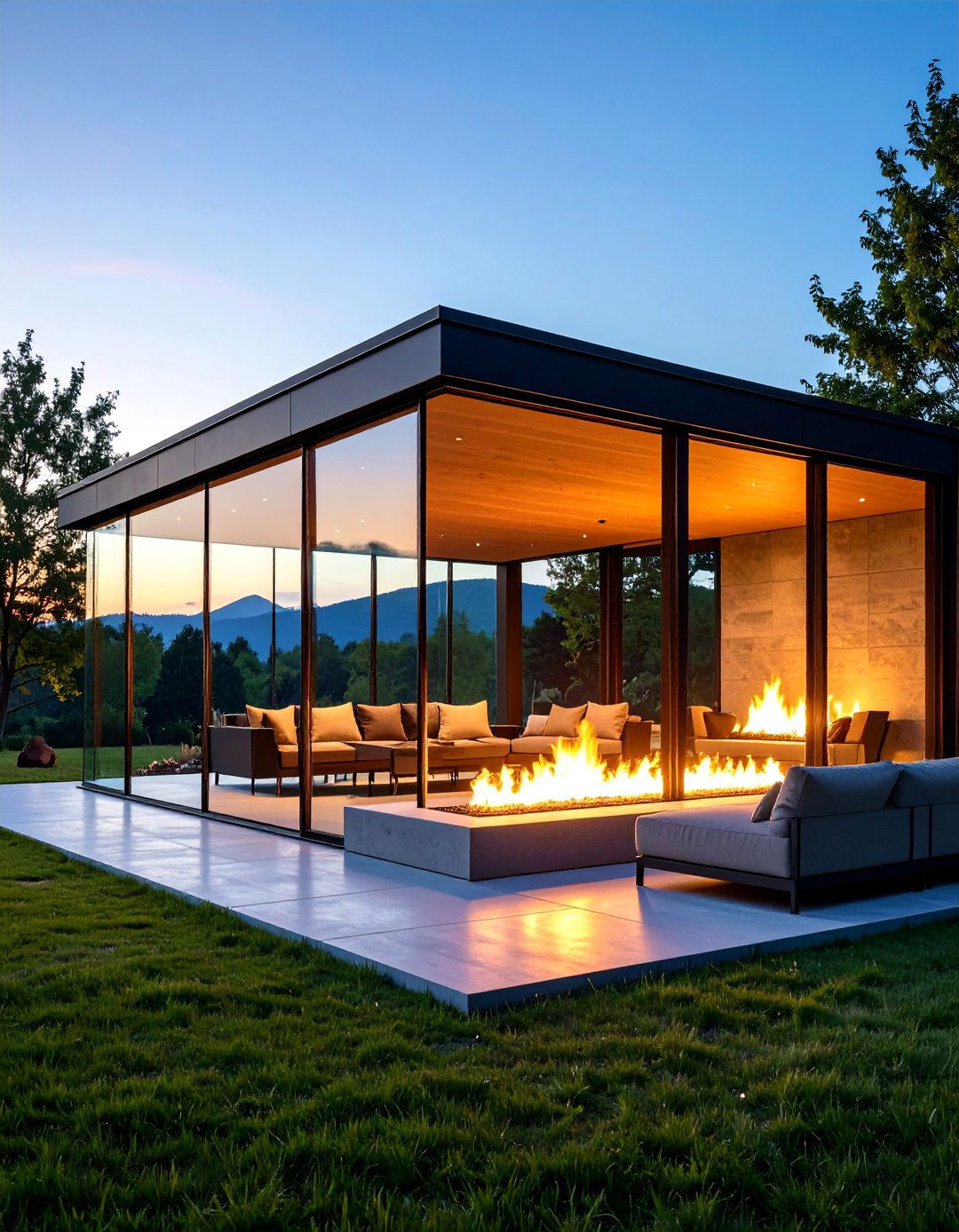 Contemporary Glass Pavilion with Linear Gas Fireplace - 25 Backyard Pavilion With Fireplace