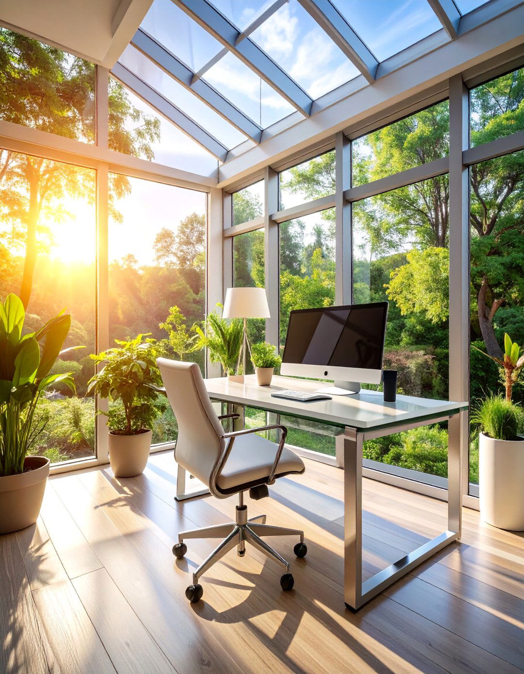 Contemporary Glass Sunroom Office with Sleek Technology Integration - 25 Sunroom Office Ideas