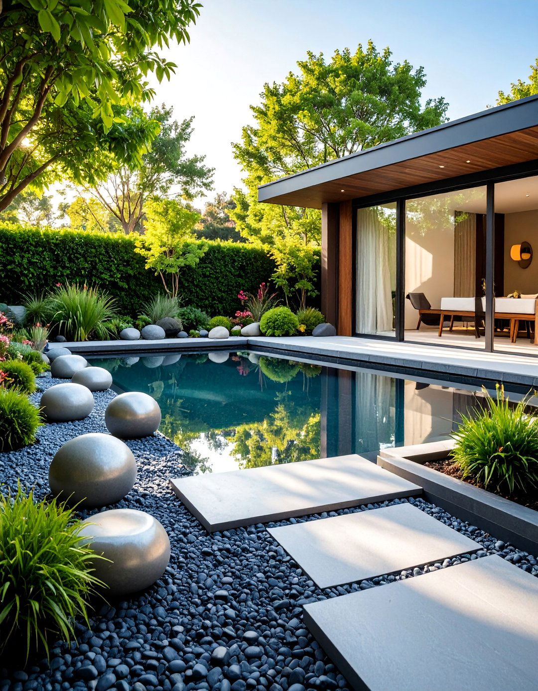Contemporary Gravel Garden with Reflecting Pond - 25 Gravel Garden Ideas