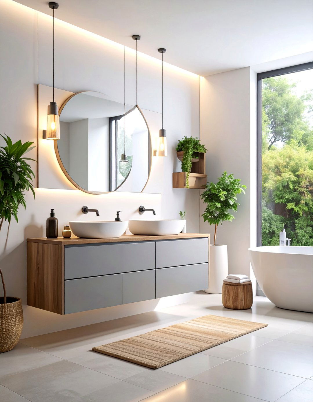 Contemporary Grey Floating Vanity with White Walls - 25 Grey and White Bathroom Ideas
