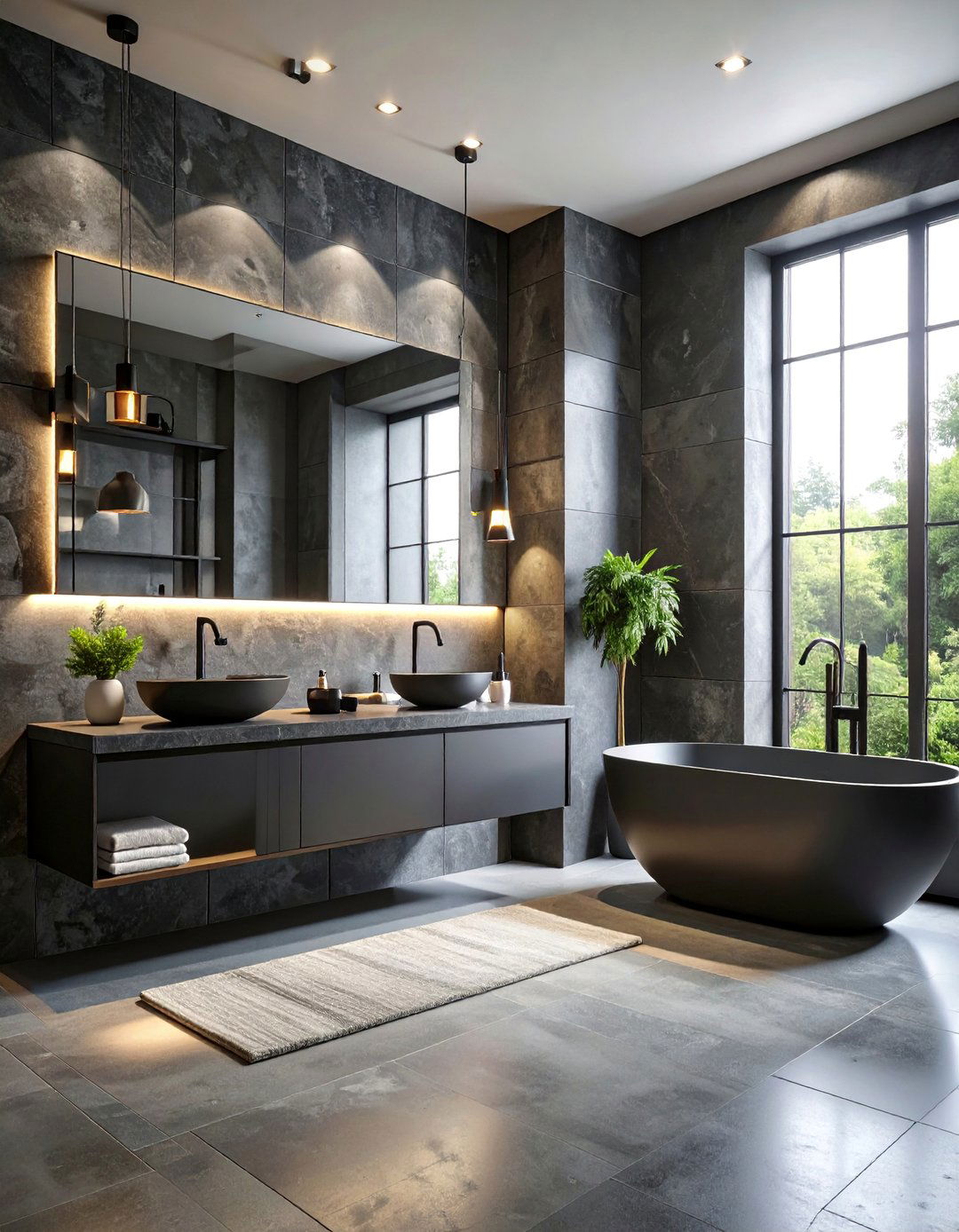 Contemporary Grey Stone and Black Metal Bathroom - 25 Black and Grey Bathroom Ideas