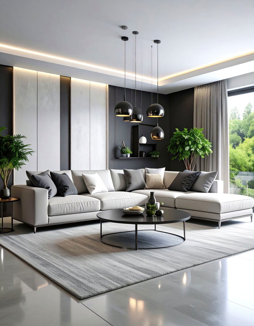 Contemporary Grey and White Living Room with Bold Accent Lighting - 25 Grey and White Living Room Ideas