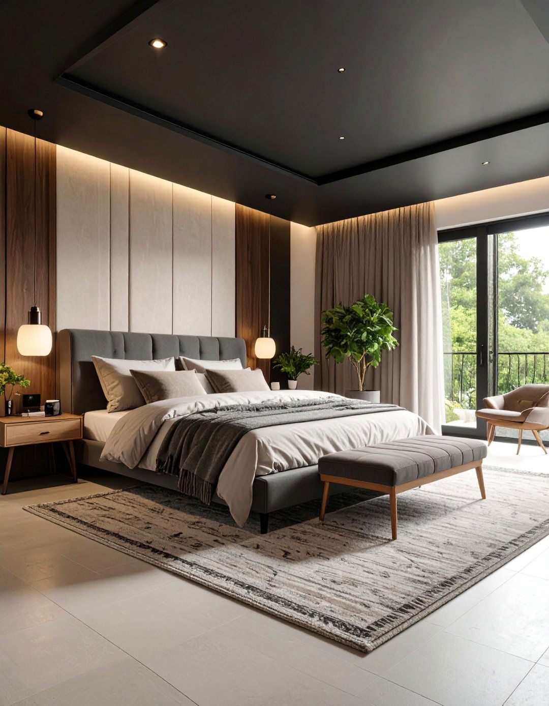 Contemporary Guest Bedroom with Black Accent Ceiling - 25 Black Ceiling Design Ideas