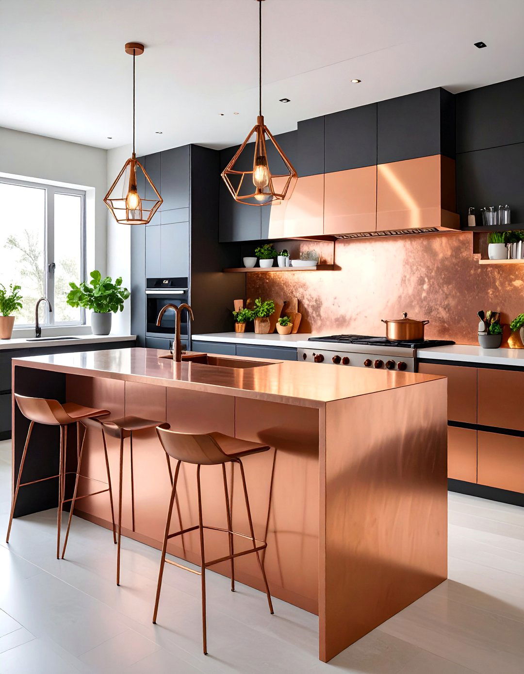 Contemporary Hammered Copper Island with Black Perimeter Cabinets - 25 black and copper kitchen ideas