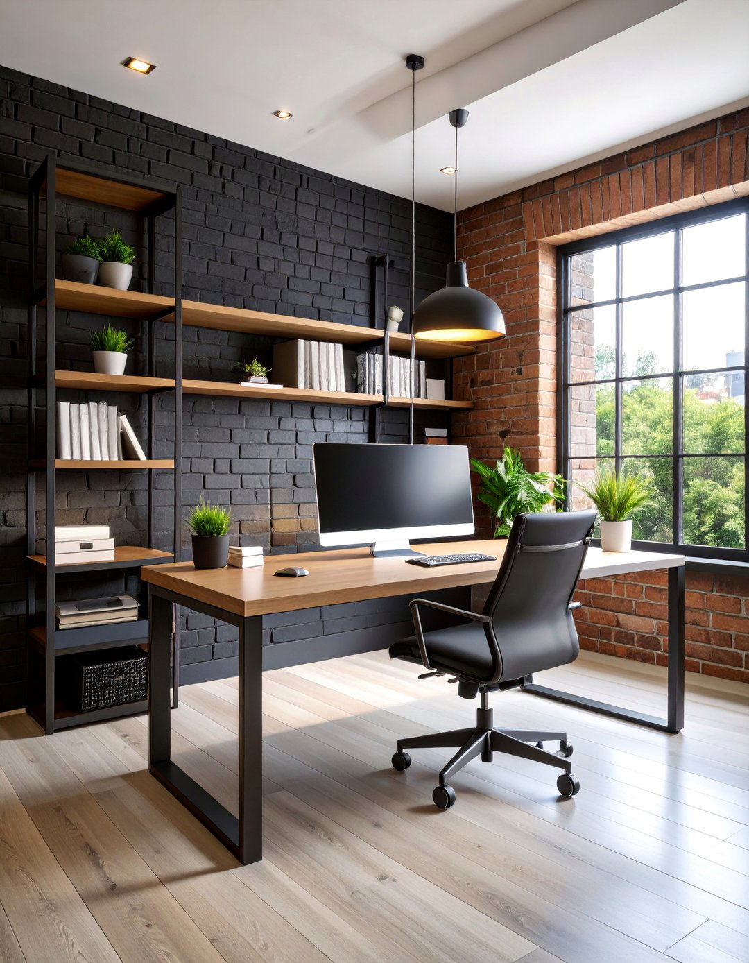 Contemporary Home Office with Black Brick Sophistication - 25 Brick Wallpaper Ideas