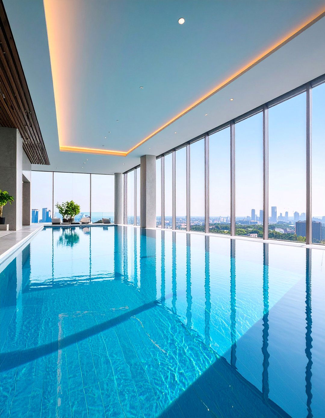 Contemporary Indoor Infinity Pool with City Views - 25 Indoor Pool Ideas