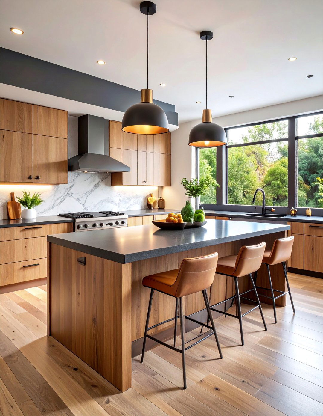 Contemporary Kitchen Island with Waterfall Countertop - 25 Black and Brown Interior Design Ideas