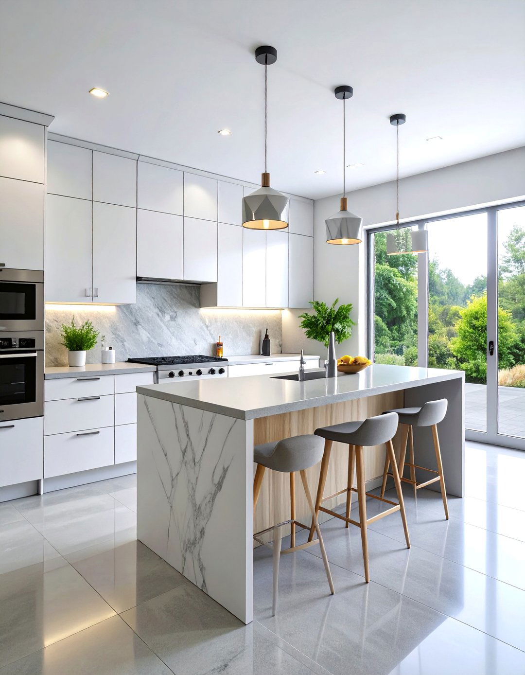 Contemporary Kitchen with Grey Waterfall Island - 25 Grey and White Kitchen Ideas