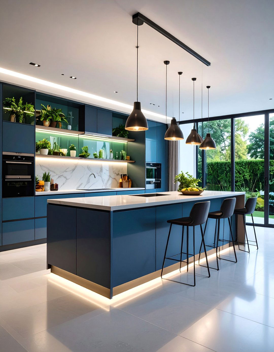 Contemporary Kitchen with LED Lit Glass Shelves - 25 Kitchens Without Upper Cabinets