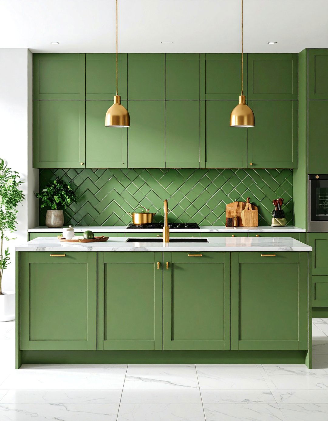 Contemporary Kitchen with Olive Green Tile Backsplash - 25 Olive Green Accent Wall Ideas