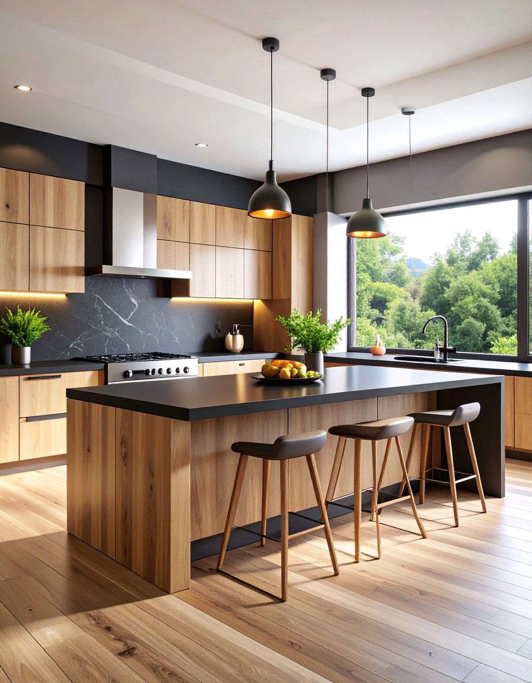 Contemporary Kitchen with Quartz Waterfall Island and Light Oak Cabinets - 25 kitchen with dark countertops and light cabinets