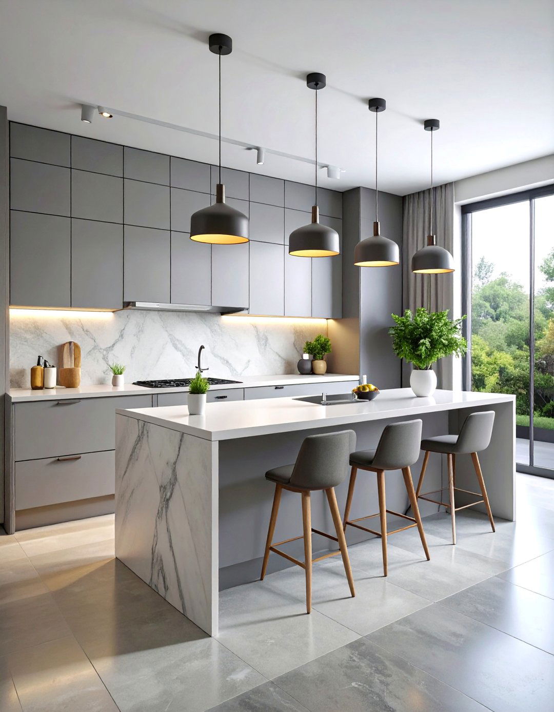 Contemporary Kitchen with Textured Grey Backsplash - 25 Grey and White Kitchen Ideas