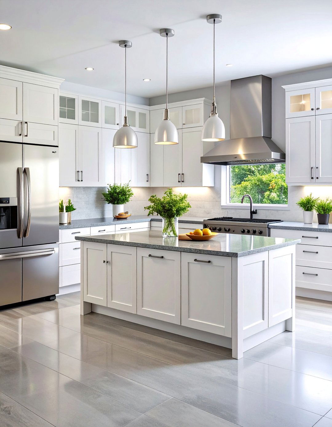 Contemporary Kitchen with White Cabinets and Grey Countertops - 25 Grey and White House Interior Design Ideas
