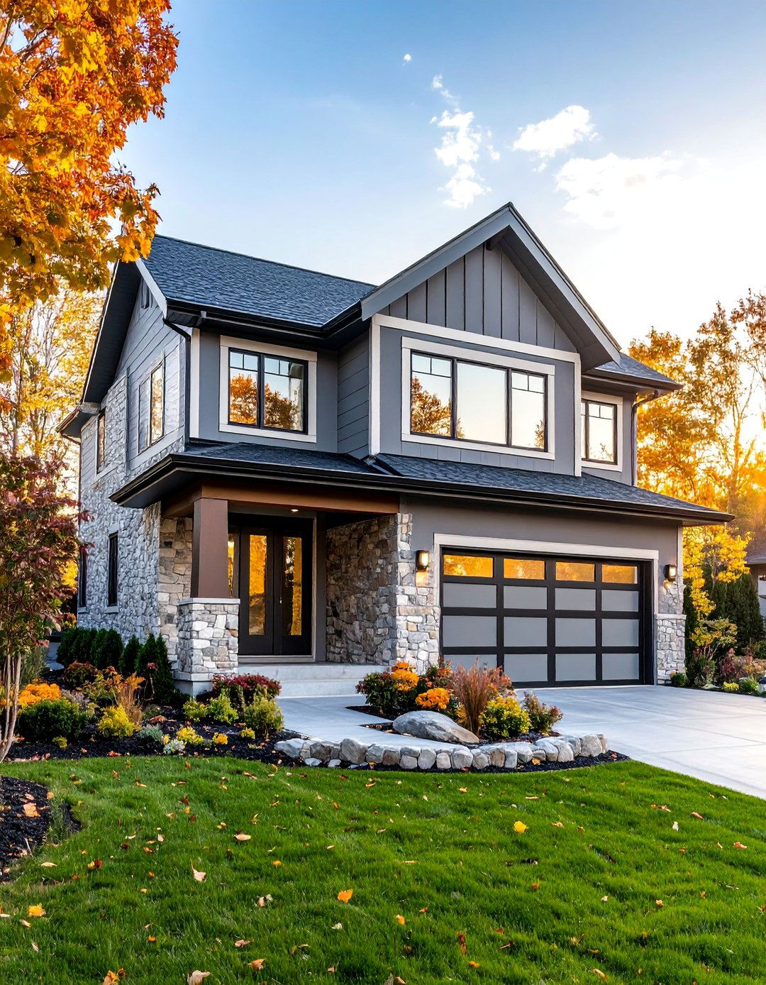 Contemporary Light Grey with Stone Accents - 25 Light Grey House With White Trim Design Ideas