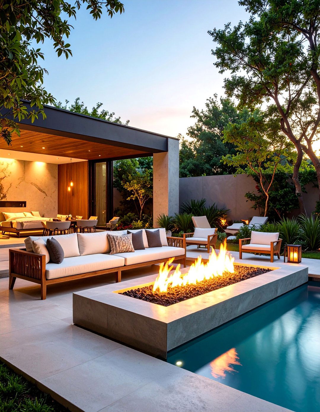 Contemporary Linear Fire Pit with Water Feature Integration - 25 Sunken Fire Pit Ideas