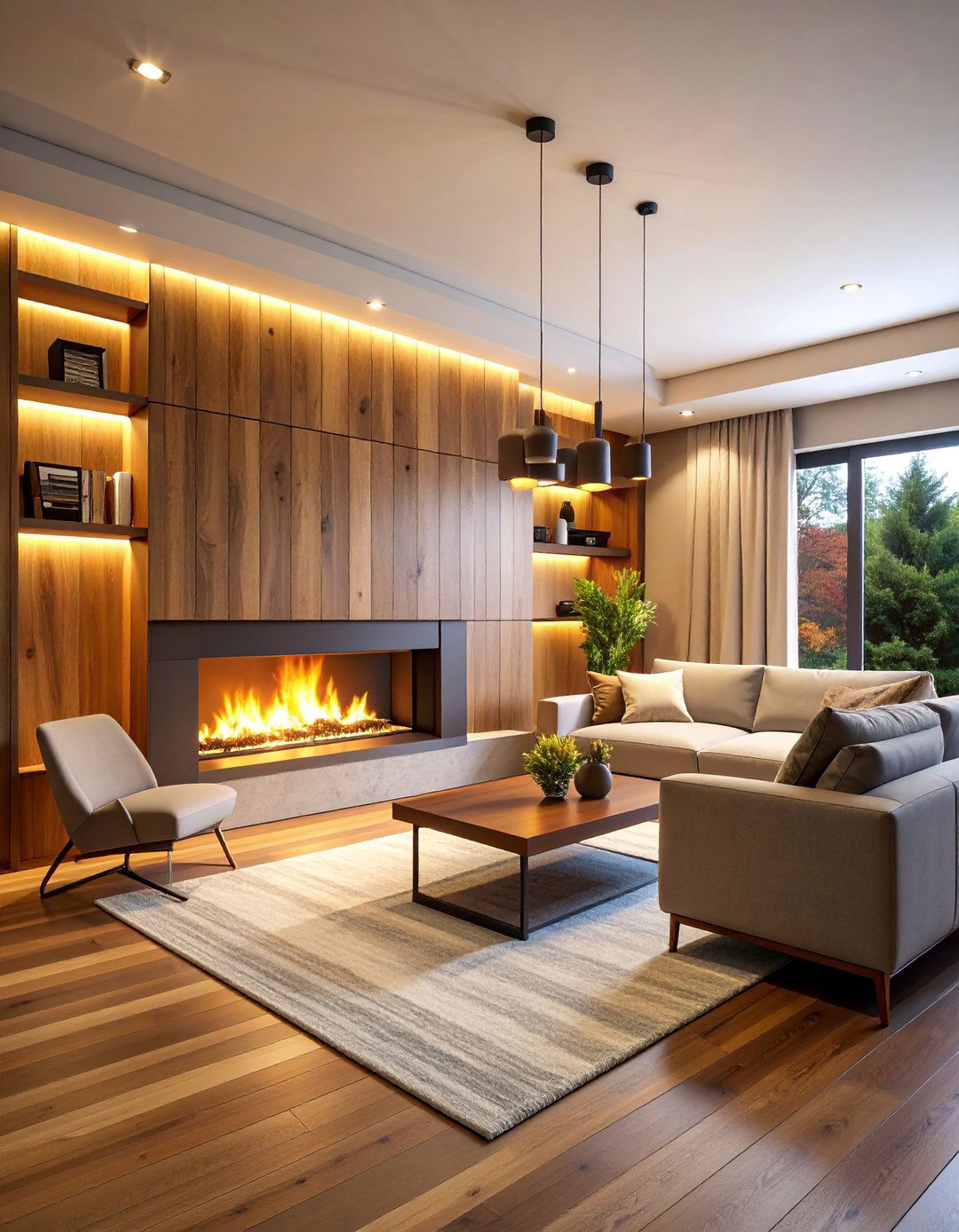 Contemporary Linear Fireplace with Natural Wood Accent Wall and Hidden Storage - 25 Basement Fireplace Ideas