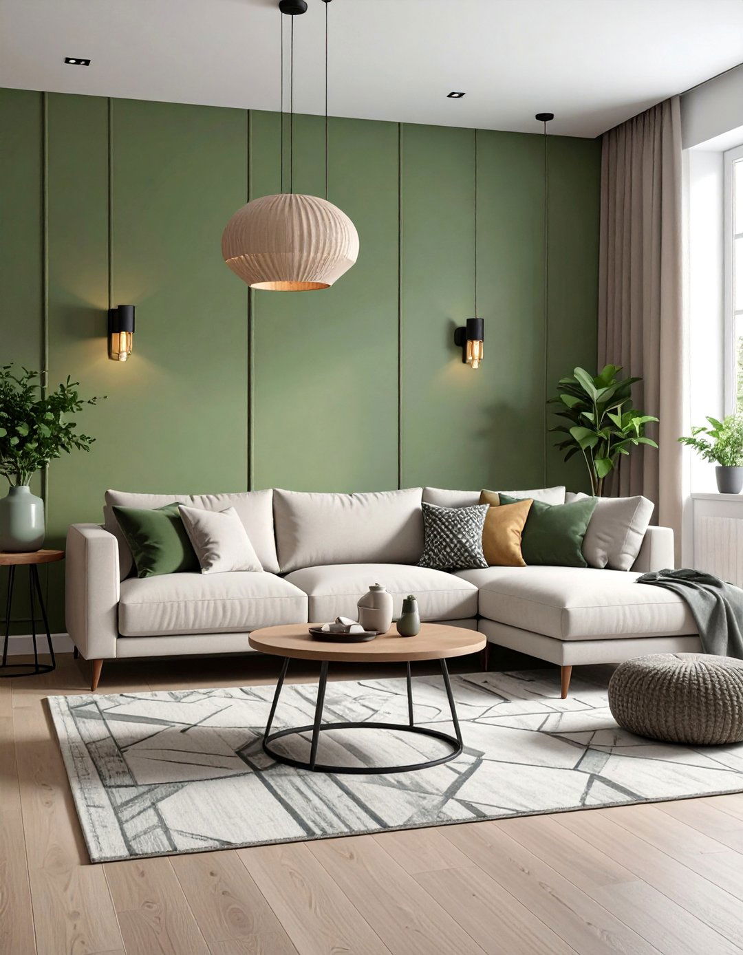 Contemporary Living Room with Olive Green Accent Wall - 25 Olive Green Room Ideas