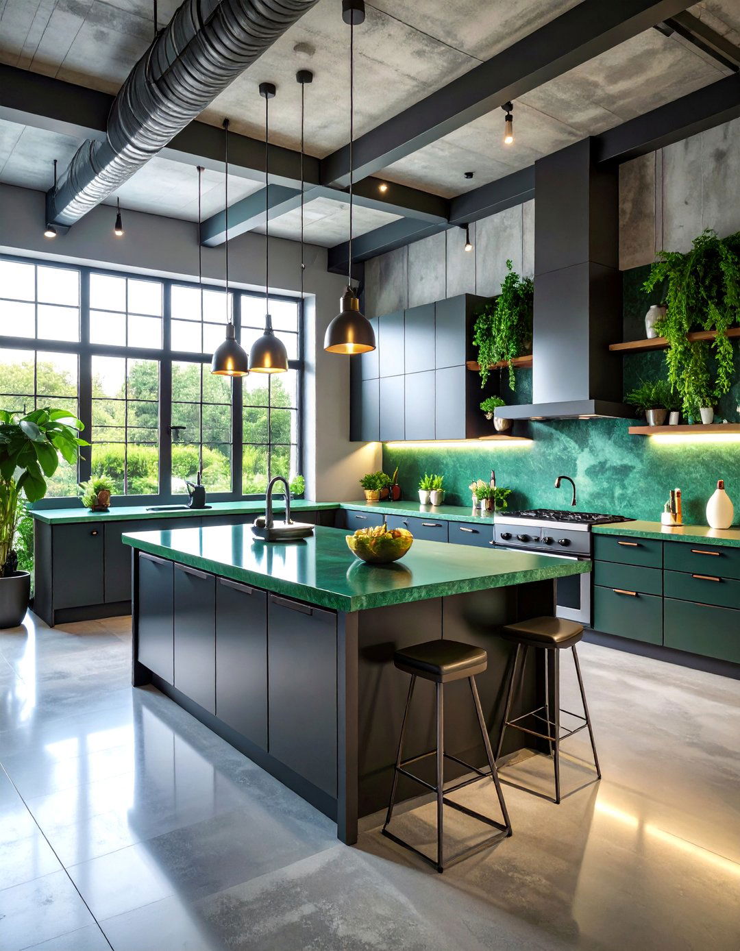 Contemporary Loft Kitchen with Emerald Green Glass Countertops - 25 Kitchen With Green Countertops Ideas