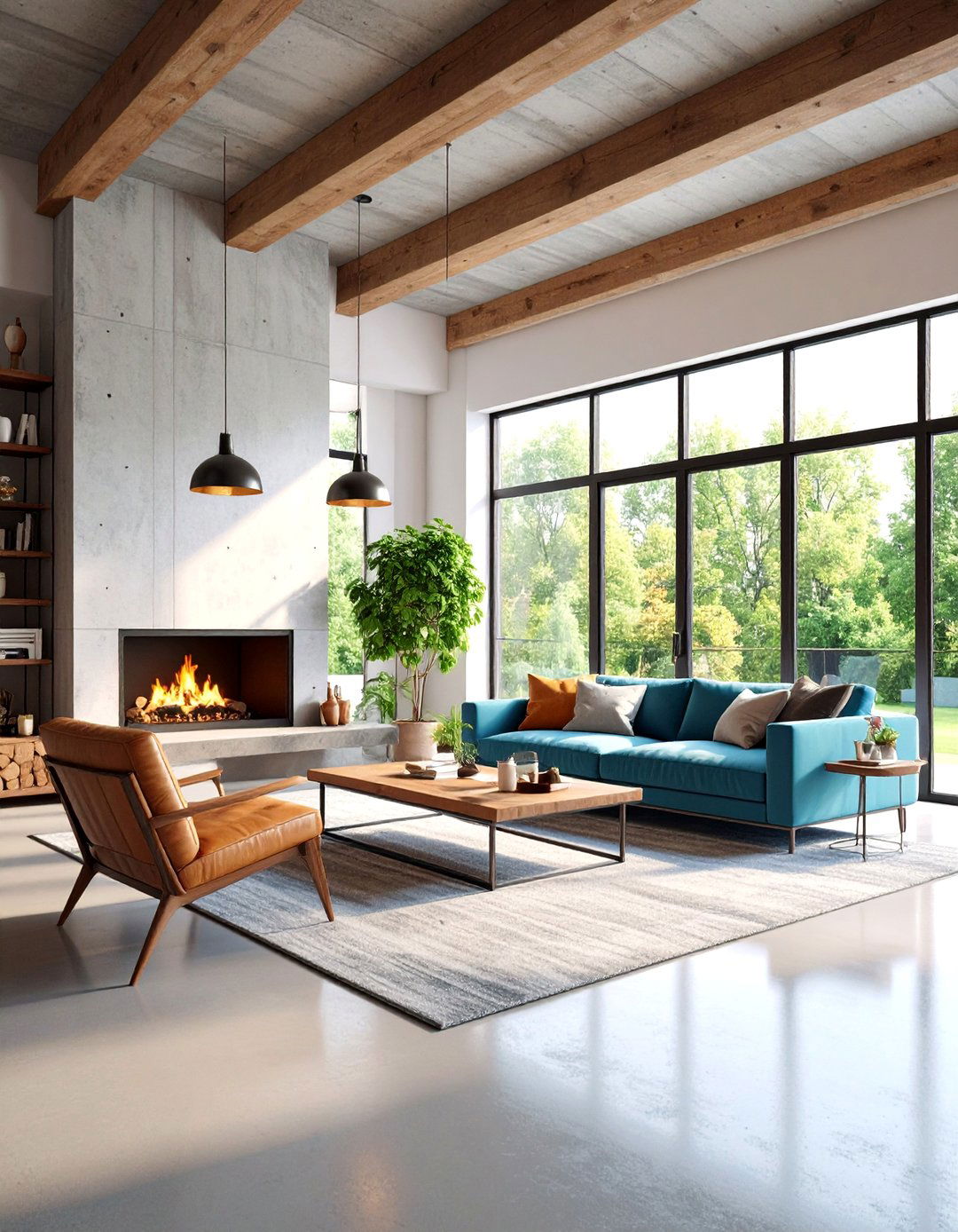 Contemporary Loft Living Room with Exposed Concrete Beams - 25 Exposed Beam Living Room Ideas