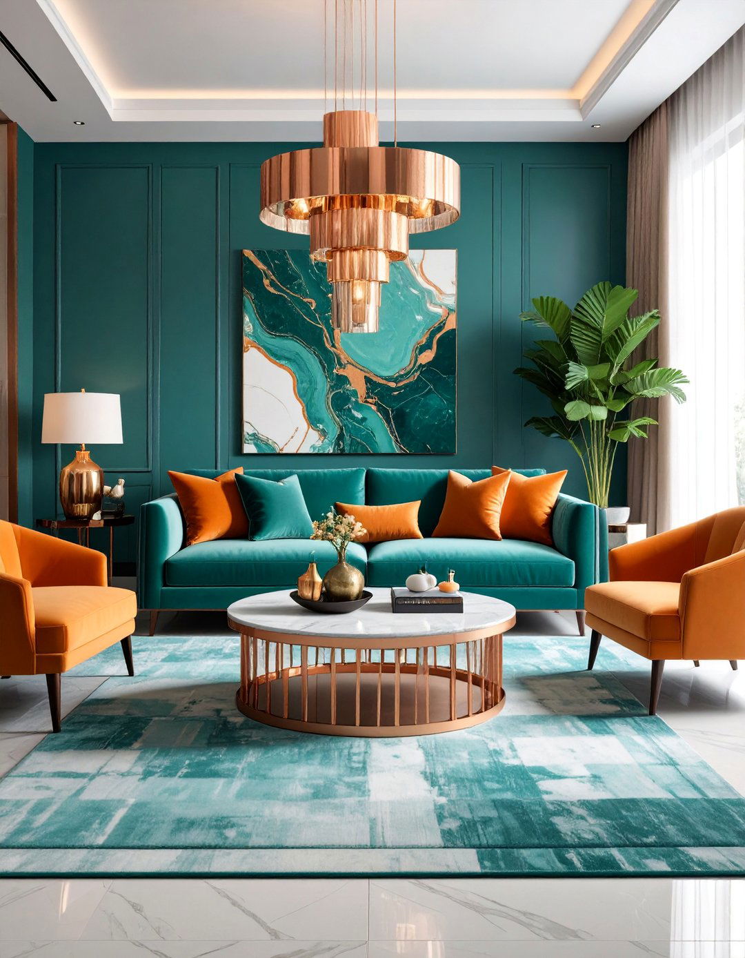 Contemporary Luxury Living Room with Malachite Green and Copper Orange - 25 Green and Orange Living Room Ideas